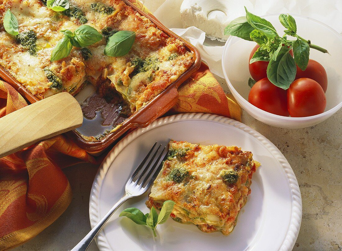 Lasagne with pesto, tomato sauce and cheese