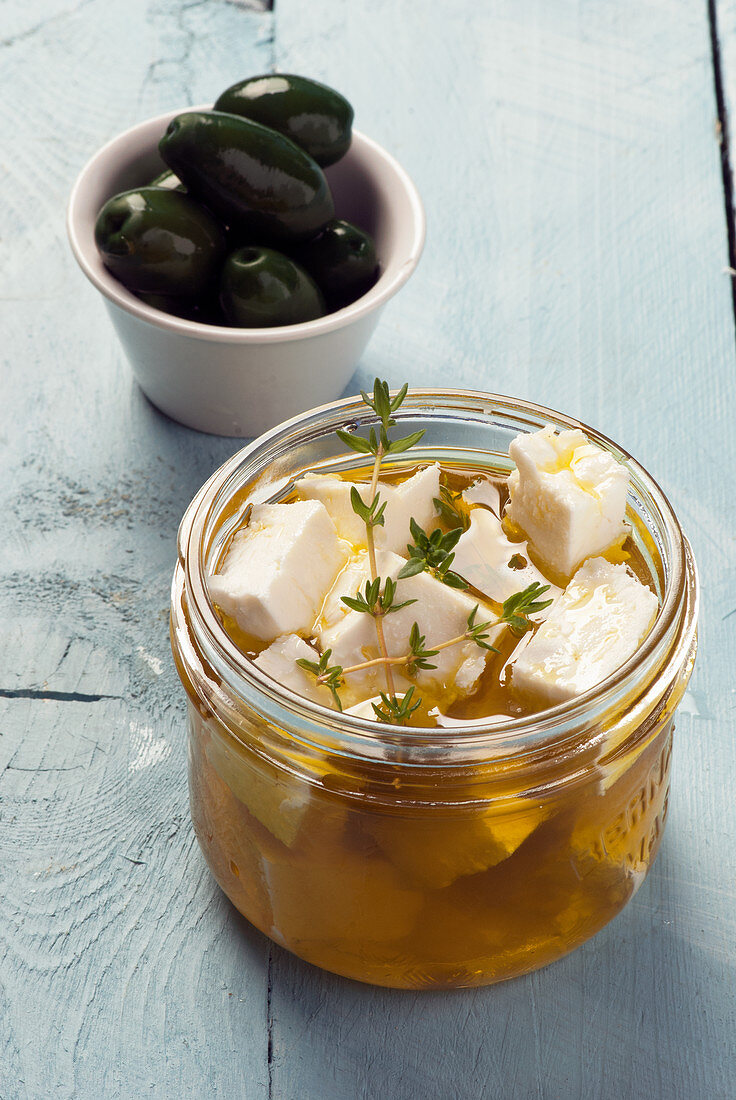 Feta cheese marinated in olive oil and herbs