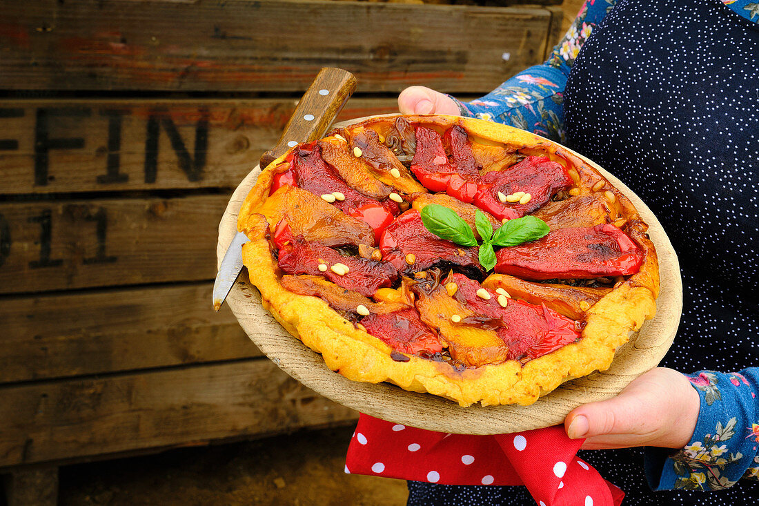 Red and yellow pepper Tarte Tatin