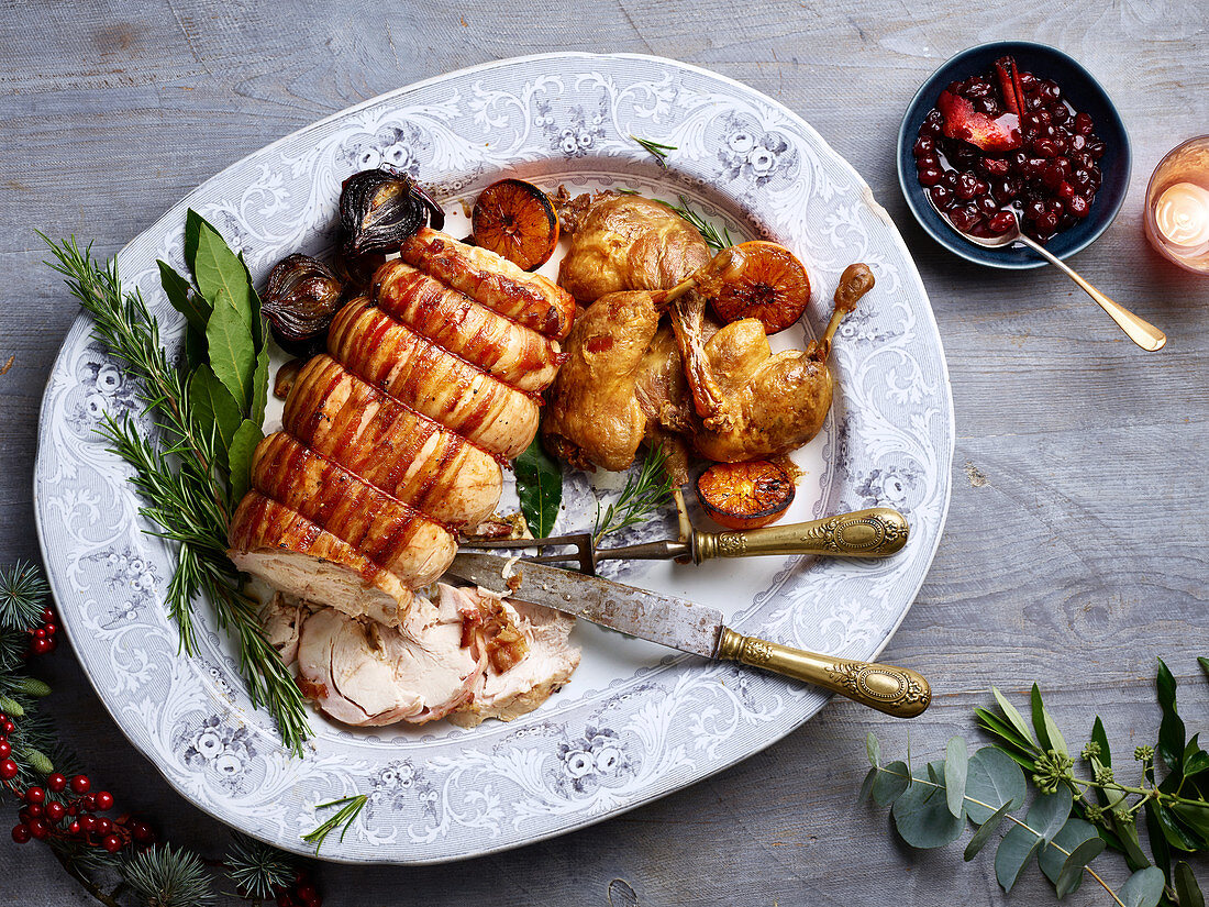 Christmas maple-glazed turkey with confit duck legs