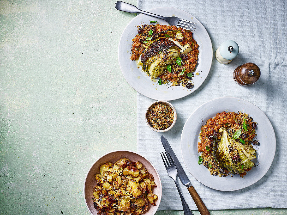 Italian-style roast cabbage wedges with tomato lentils