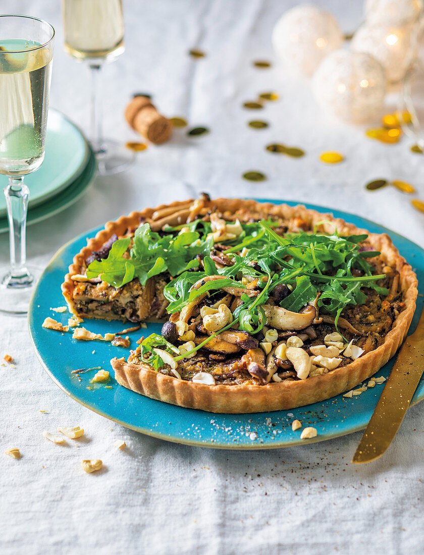 Mushroom and cashew tart with rocket