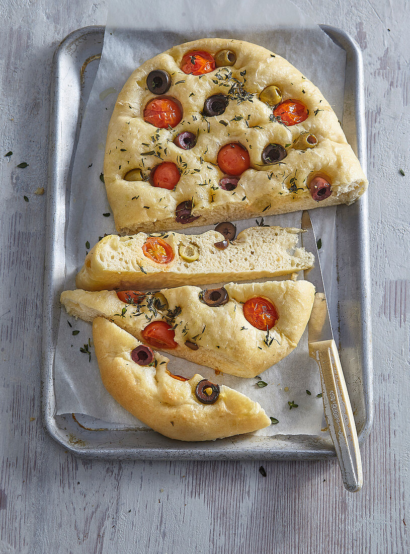 Focaccia with olives and cherry tomatoes