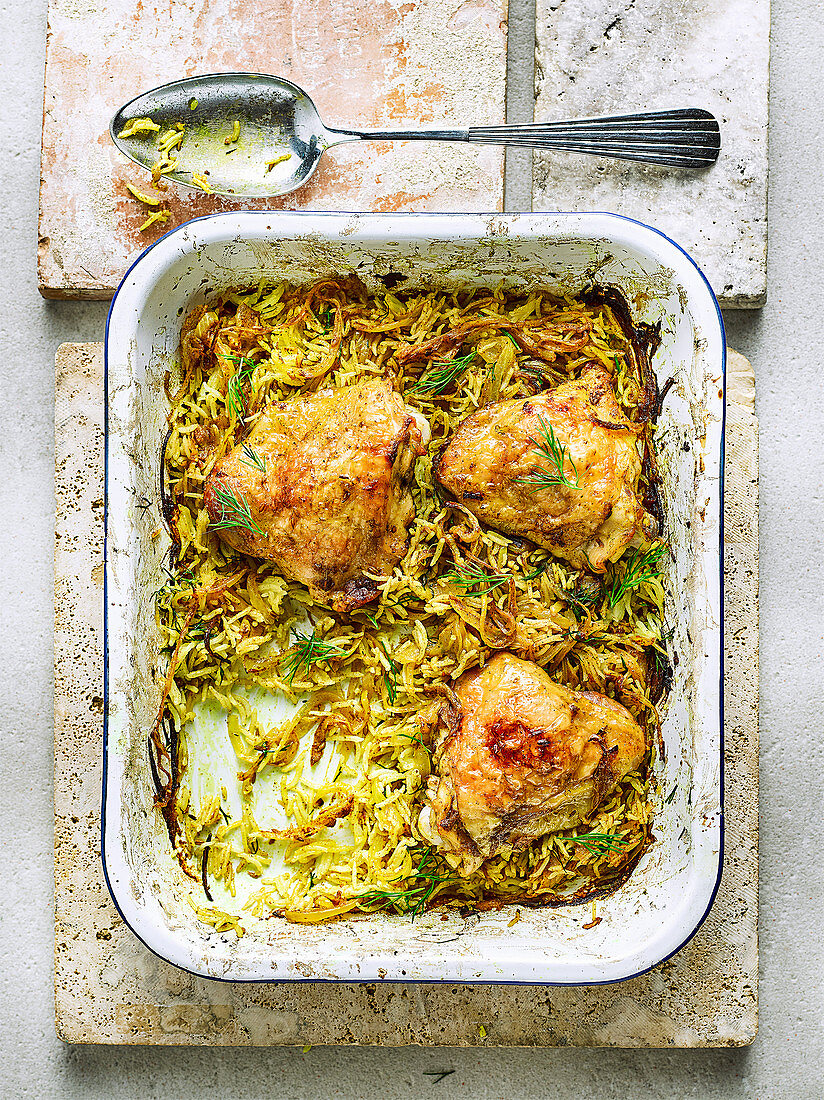 Cheat’s chicken pilaf traybake