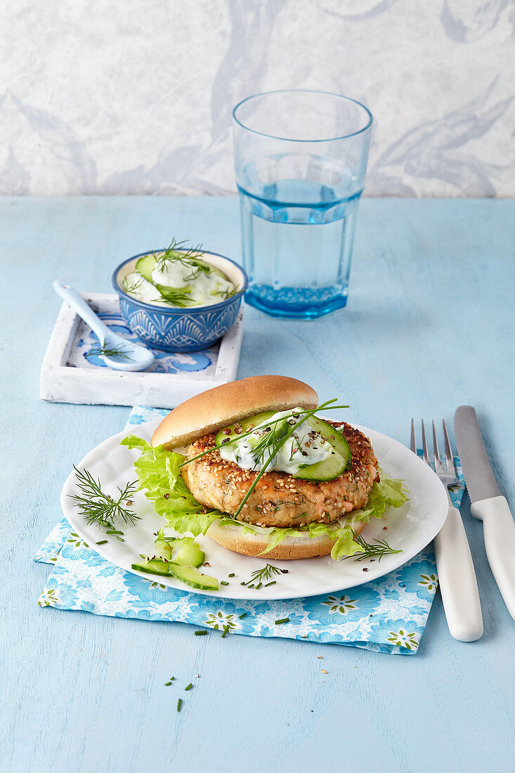 Salmon burger with cucumber