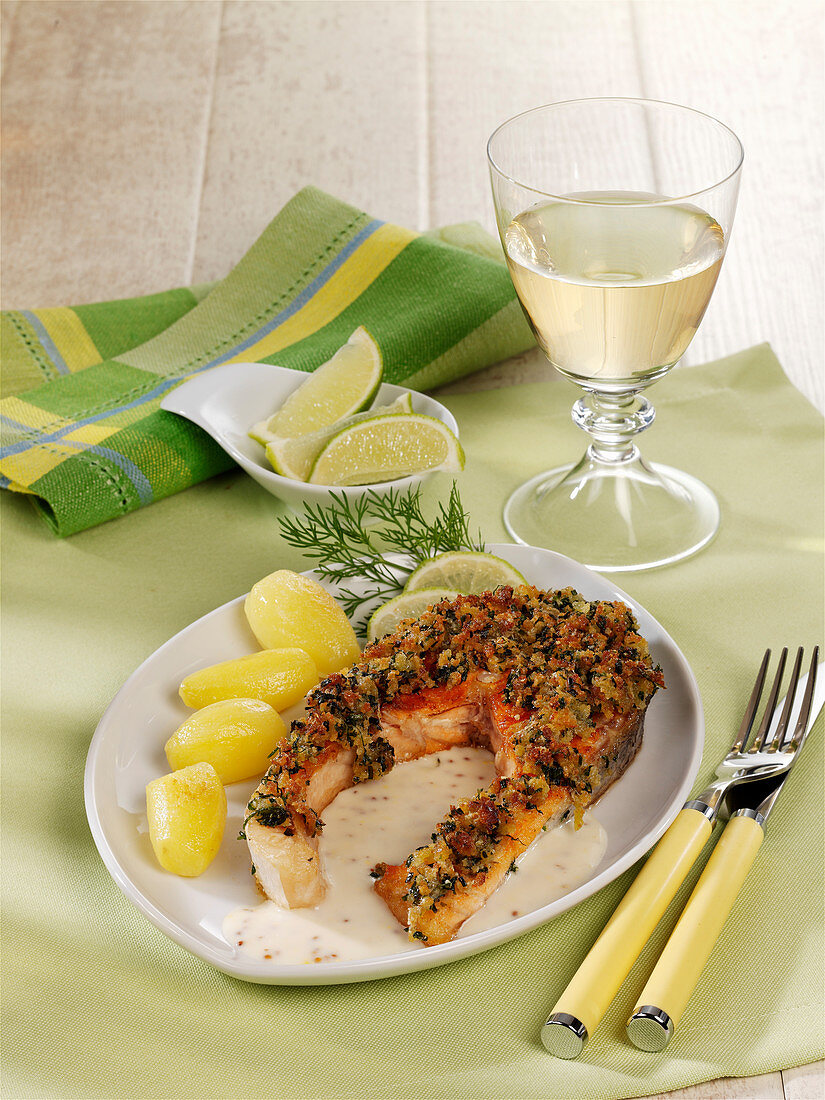 Salmon cutlet with a herb topping