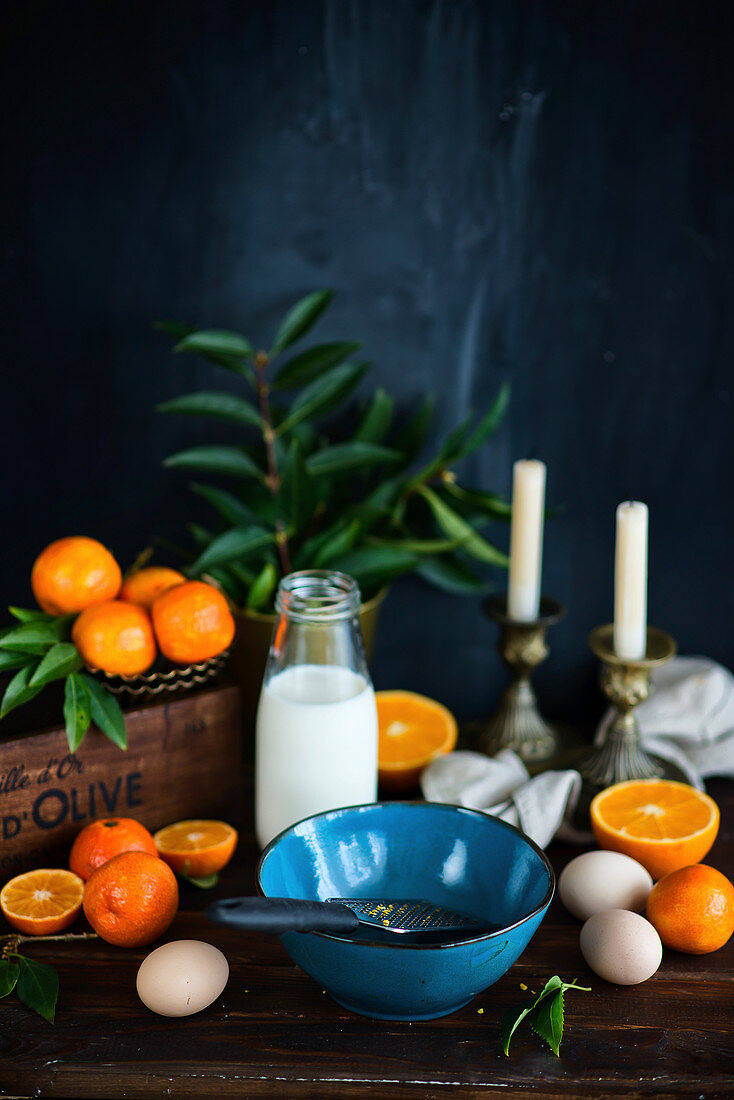 Christmas baking - blue bowl, clementines and milk