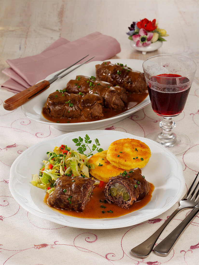 Beef roulade with potato fritters