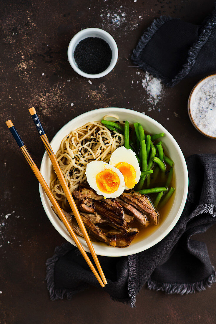 Ramen with duck breast, green beans and egg