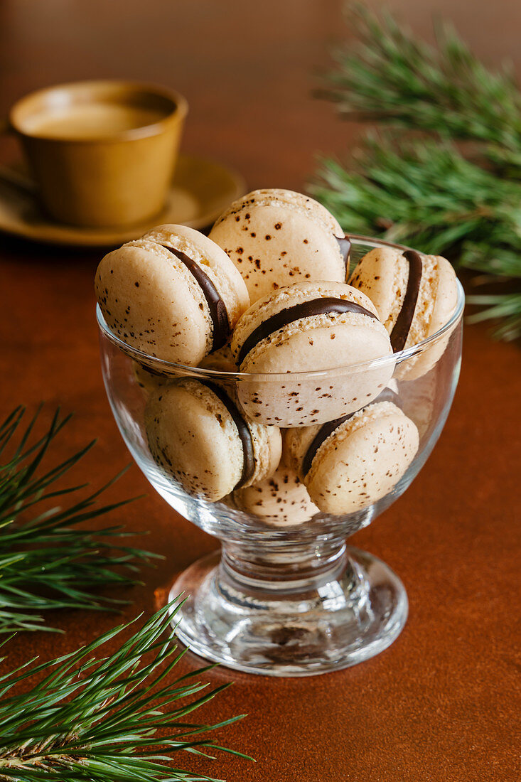 Traditional French macarons with dark chocolate and hazelnut ganache