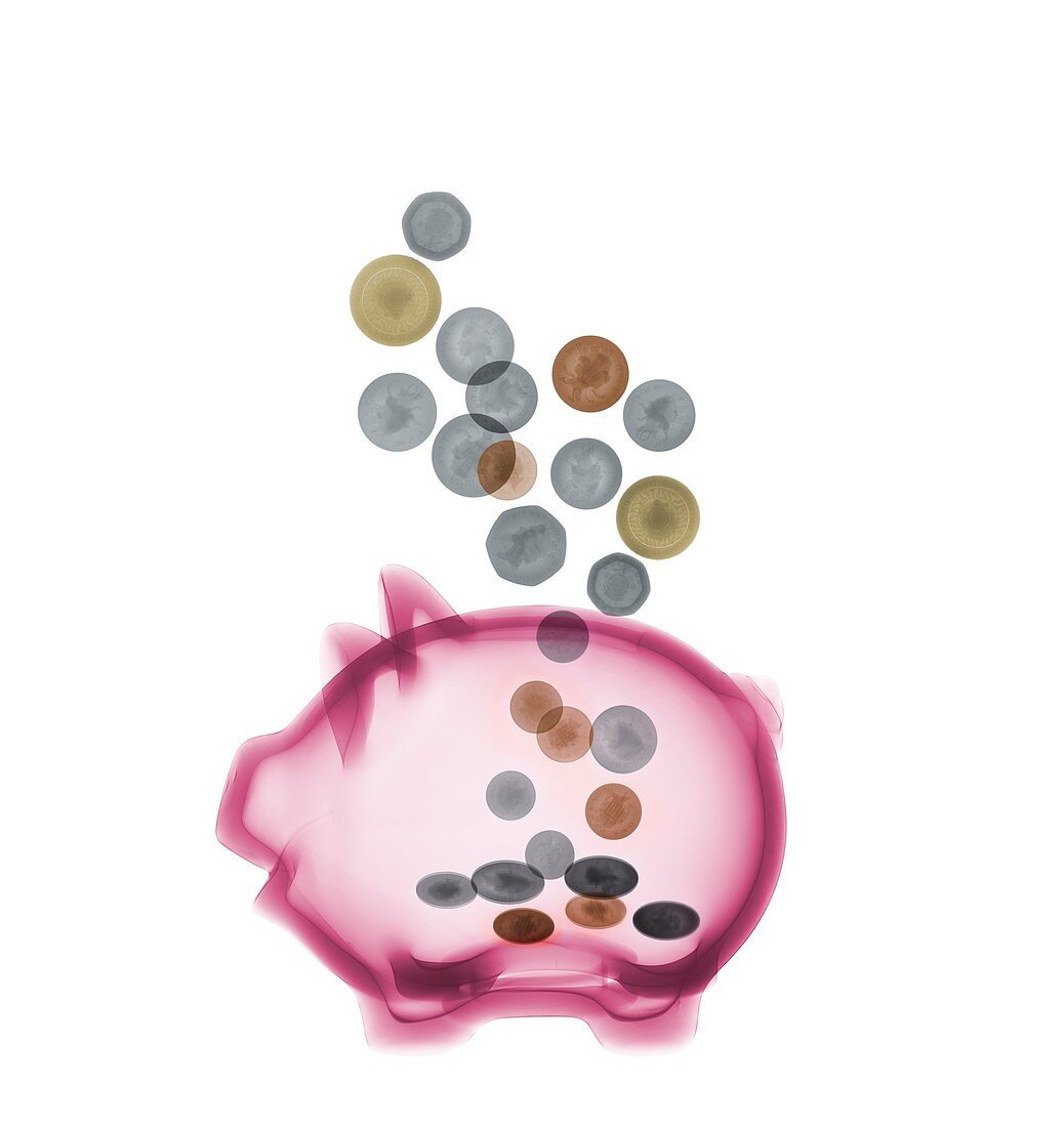 Piggy bank with coins, X-ray