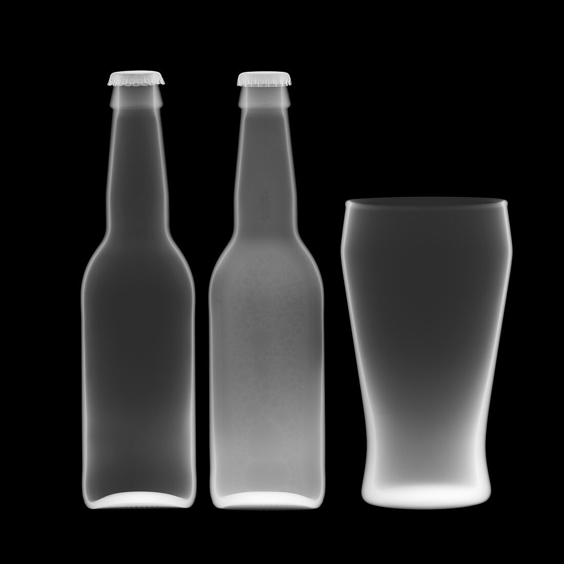 Beer bottles and drinking glass, X-ray
