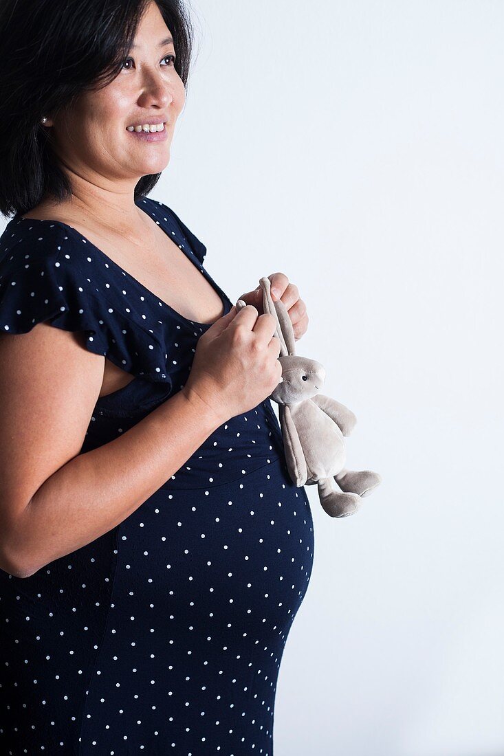 Pregnant woman holding soft toy