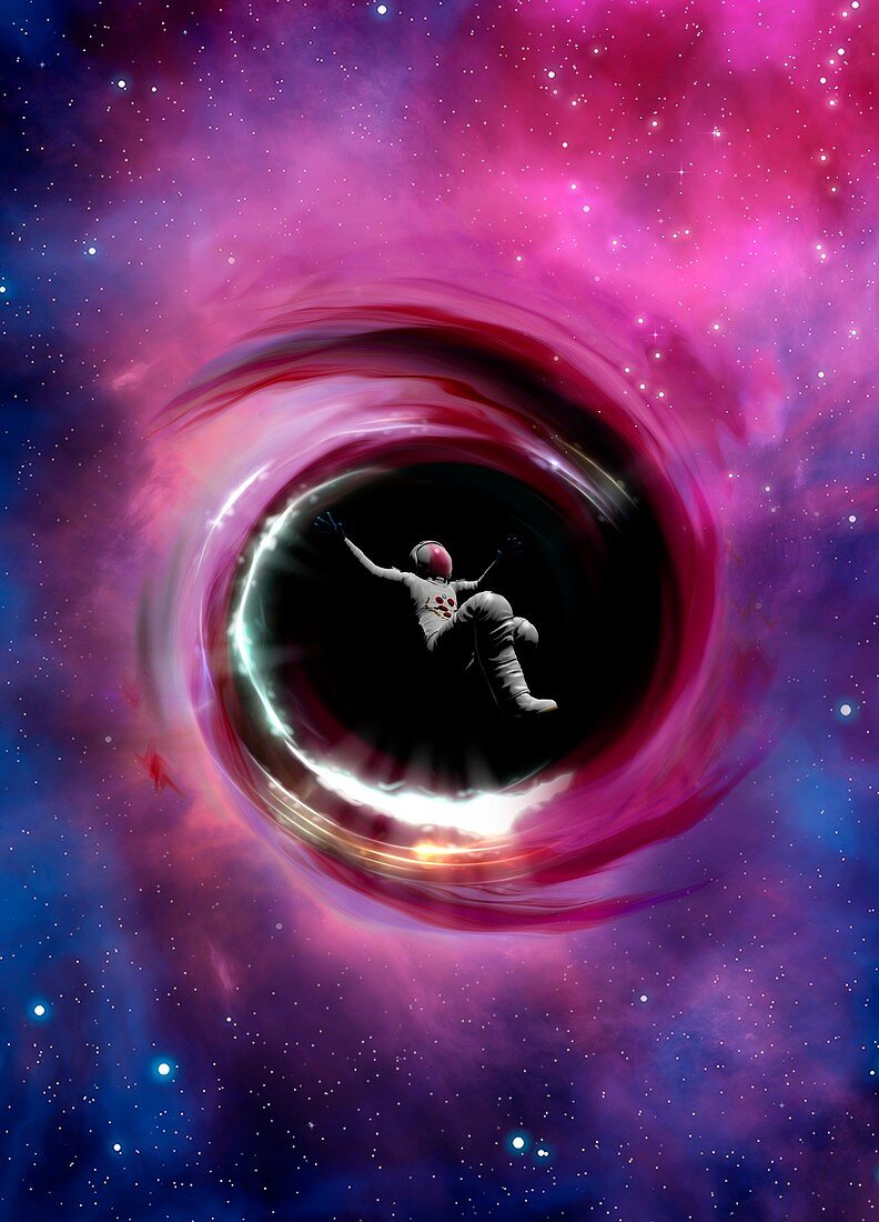 Astronaut falling into black hole, conceptual illustration
