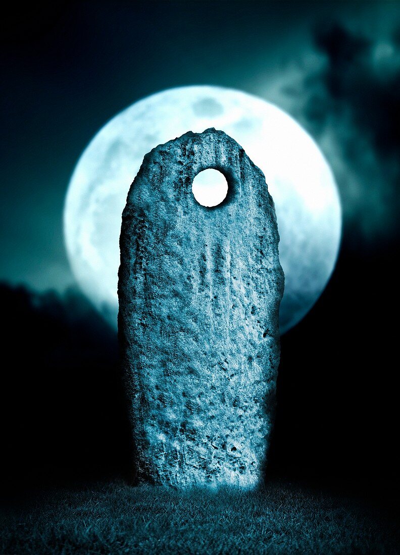 Moon behind standing stone, illustration