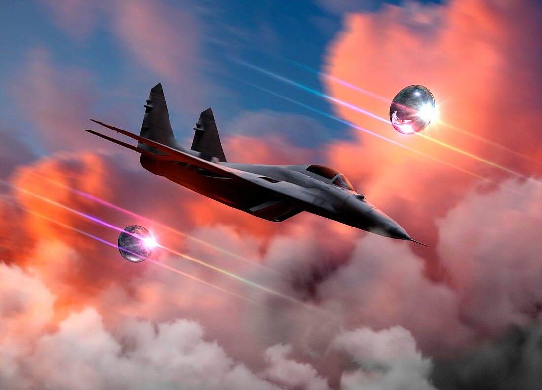 UFOs and fighter jet, illustration