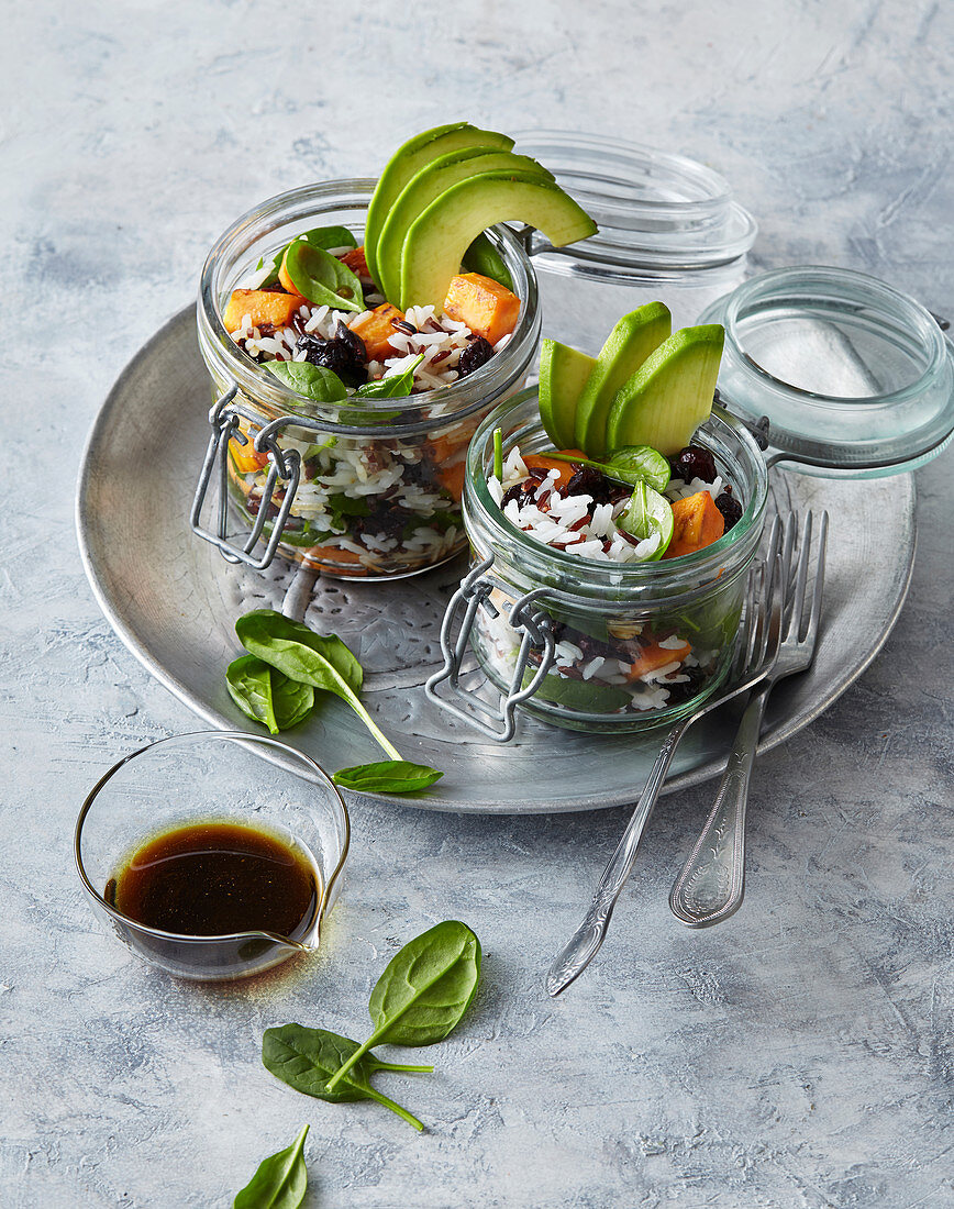 Rice salad with batads, avocado and spinach