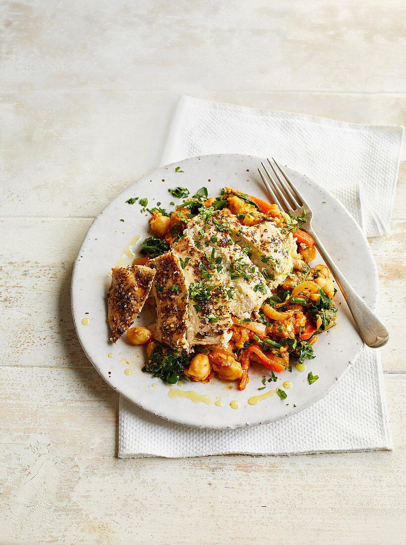 Chicken with crushed harissa chickpeas