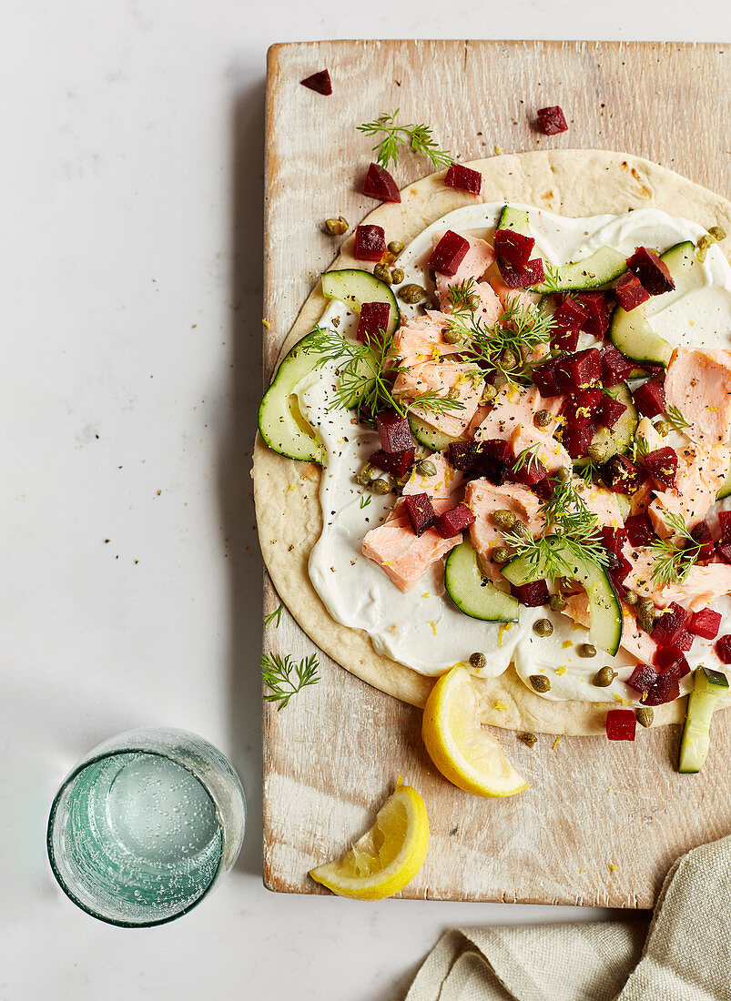 Scandi-style flatbread with poached salmon and beetroot