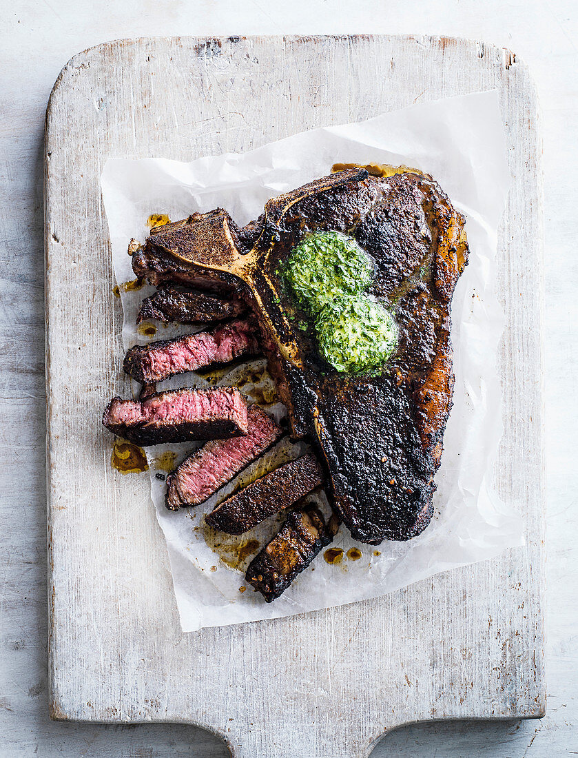 T-bone steak with coffee rub and herb butter