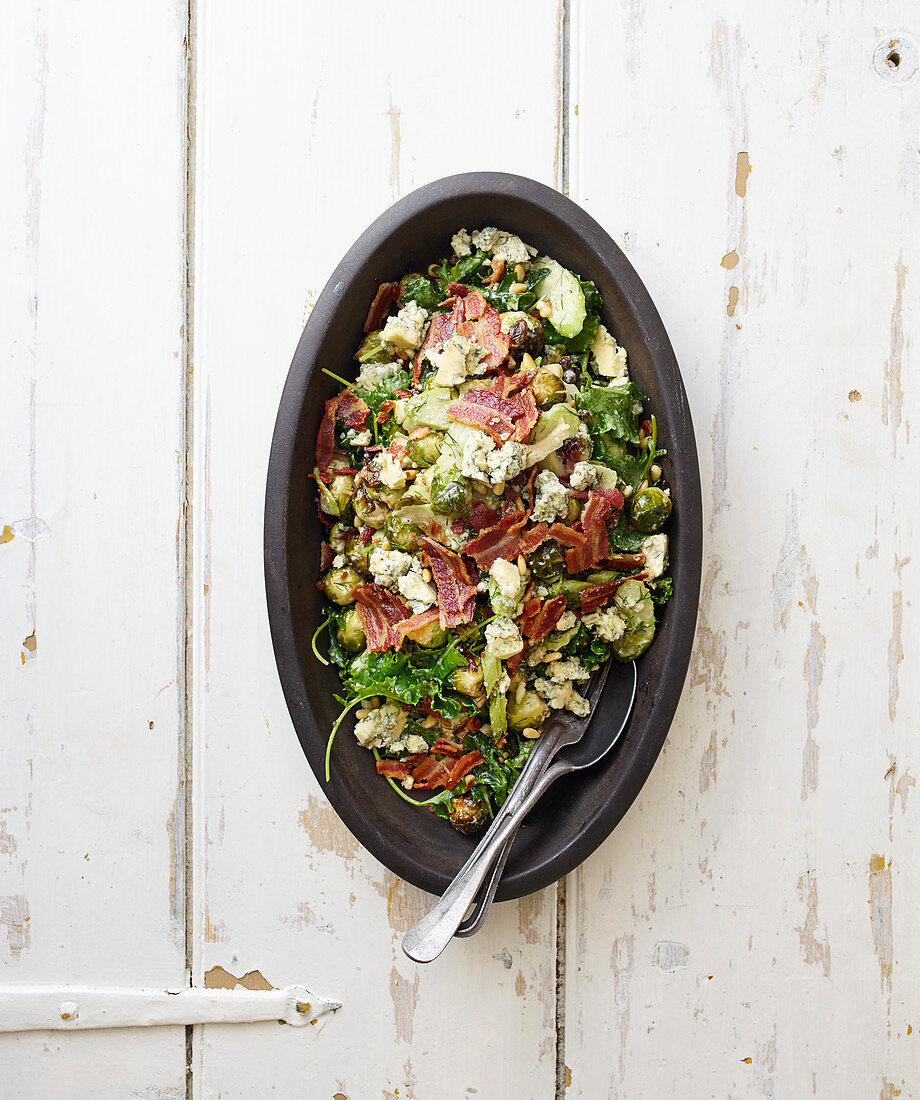 Roasted sprout, bacon and blue cheese salad with cider-raisin dressing