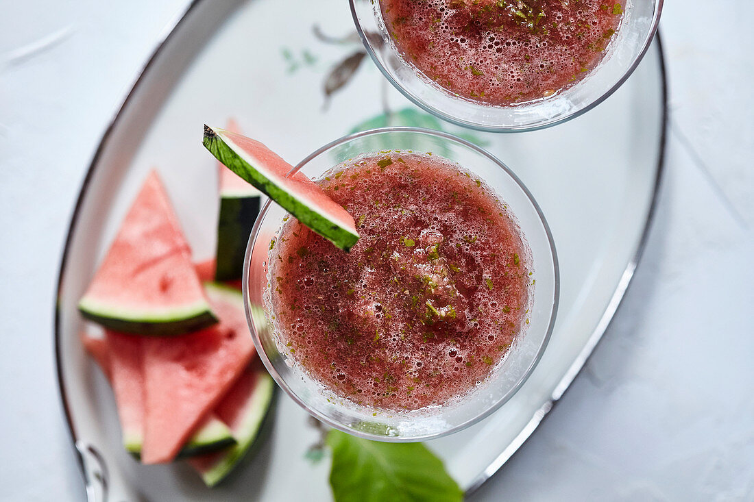 Watermelon slush with copper beach leaves