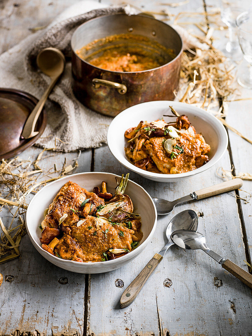 Braised chicken with hazelnut and chilli paste wiht a turnip