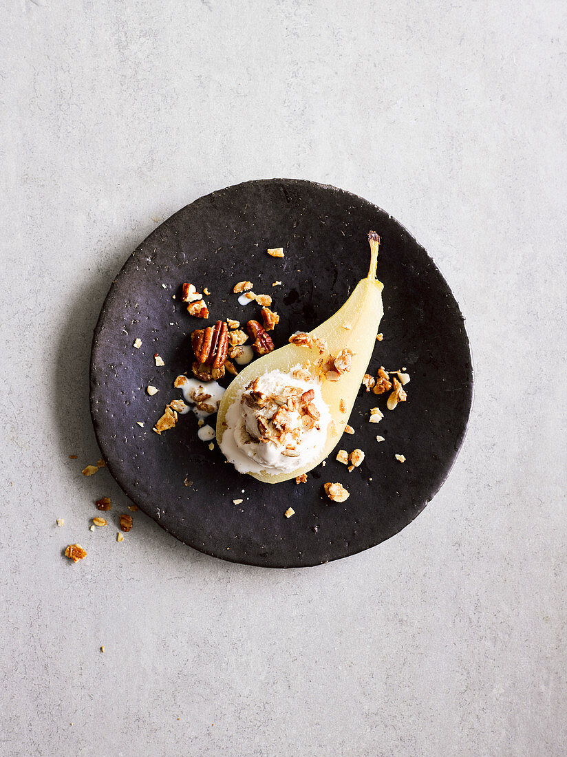 Cider poached pears with maple cinnamon granola