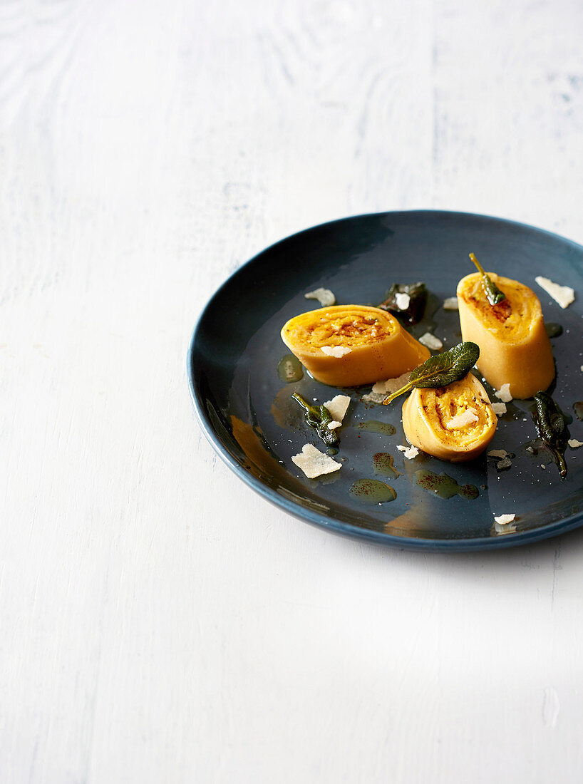 Butternut and ricotta rotolo with sage brown butter