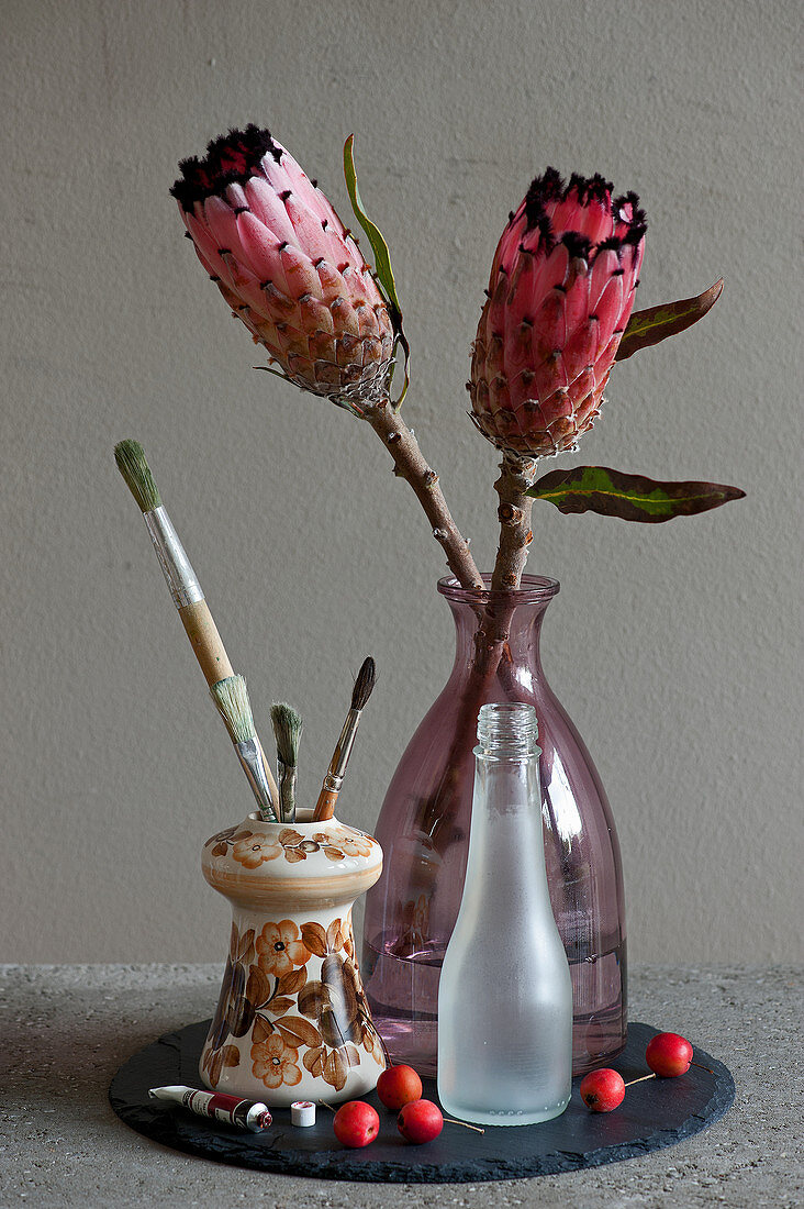 Protea flowers in glass bottle
