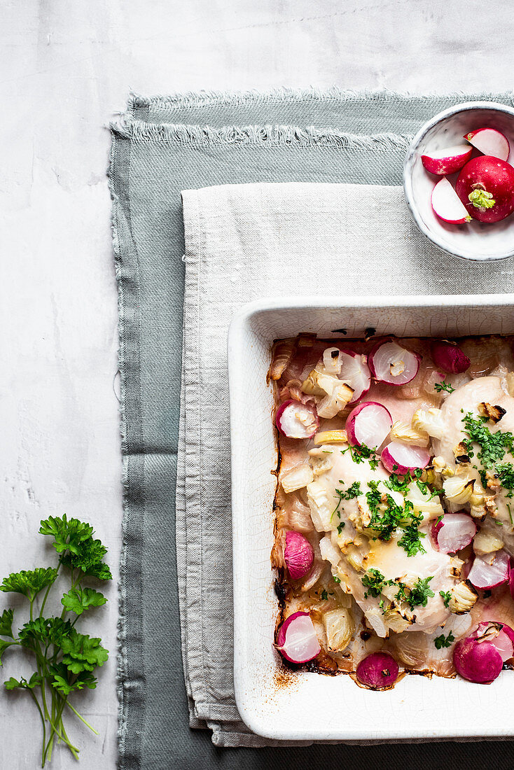 Parmesan And Parsley Chicken With Roasted Radishes And Green Beans