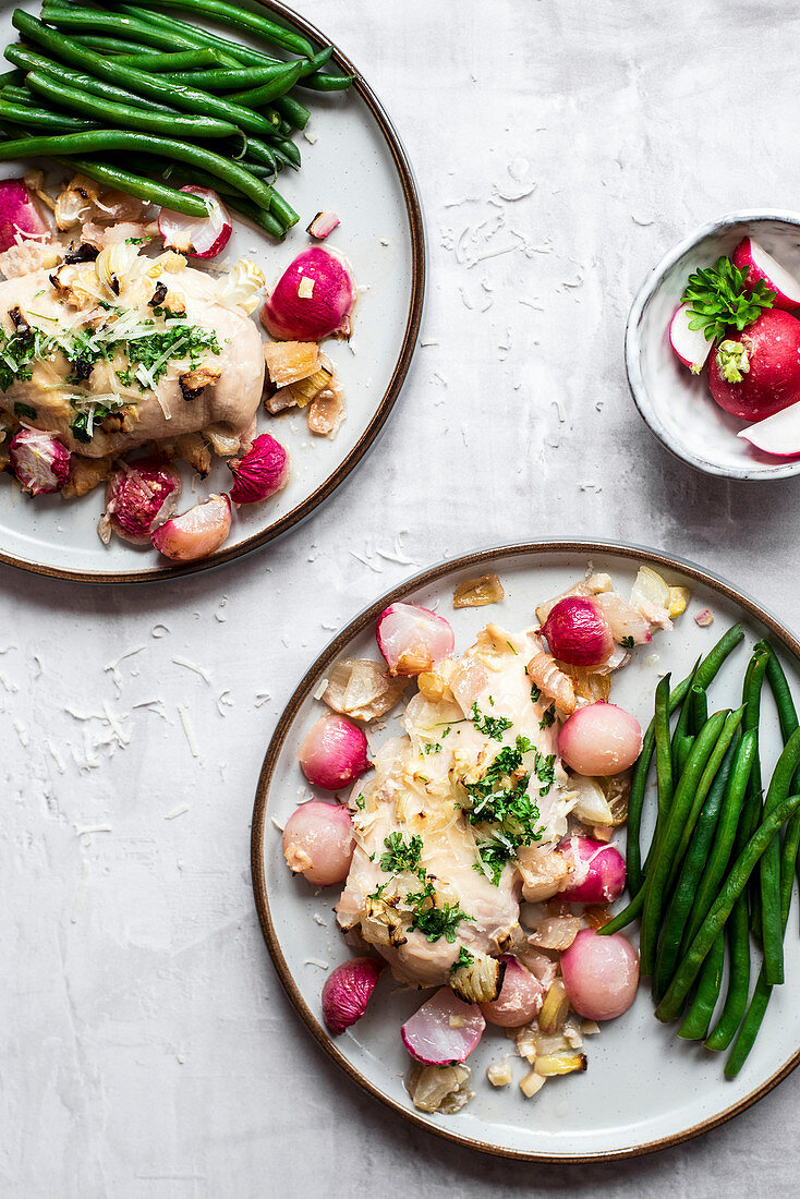 Parmesan And Parsley Chicken With Roasted Radishes And Green Beans