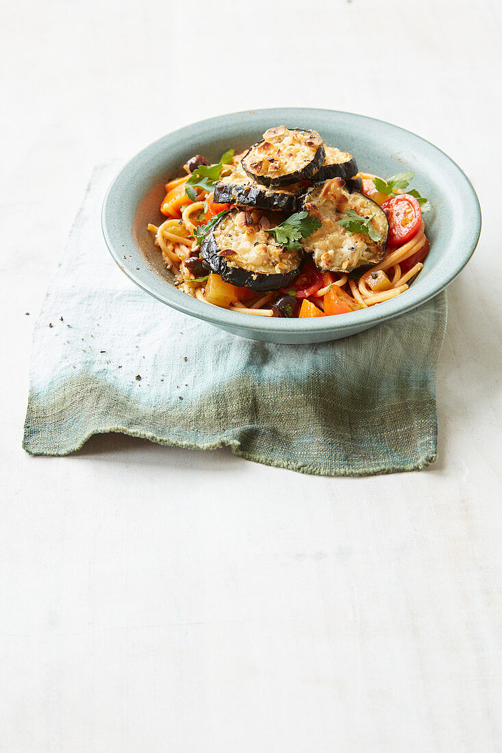 Cheesy aubergine and tomato spaghetti