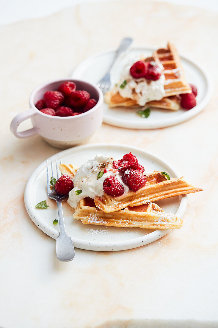 Buttermilk and tonka bean waffles with raspberries