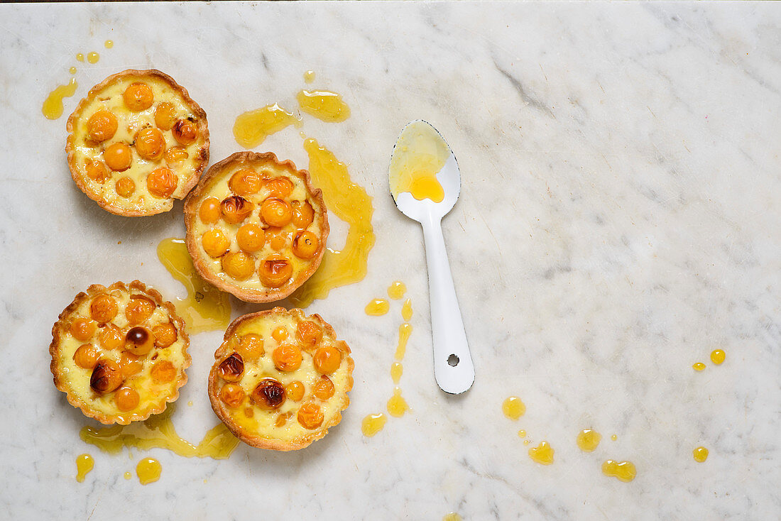 Gooseberry clafoutis tartlets with orange syrup