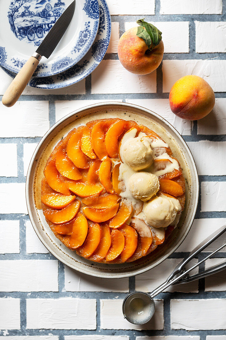 Peach upside down cake on a plate