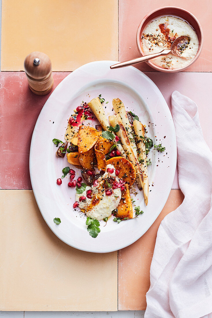 Za'atar parsley root with hummus dressing