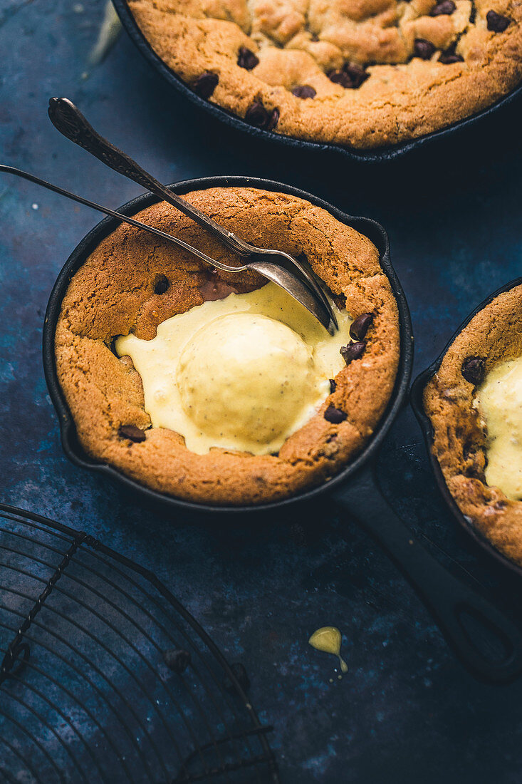 Skillet Chocolate Chip Cookies served with vanilla ice cream