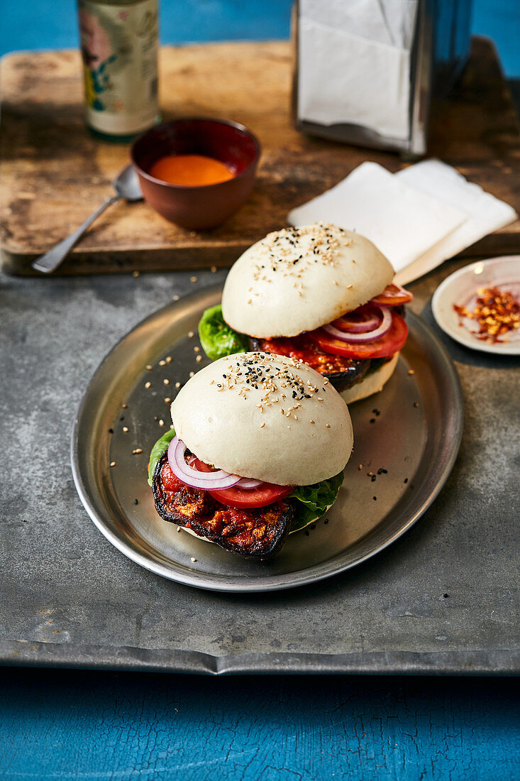 Aubergine and bulgogi burger in a rice flour bun with chilli mayonnaise