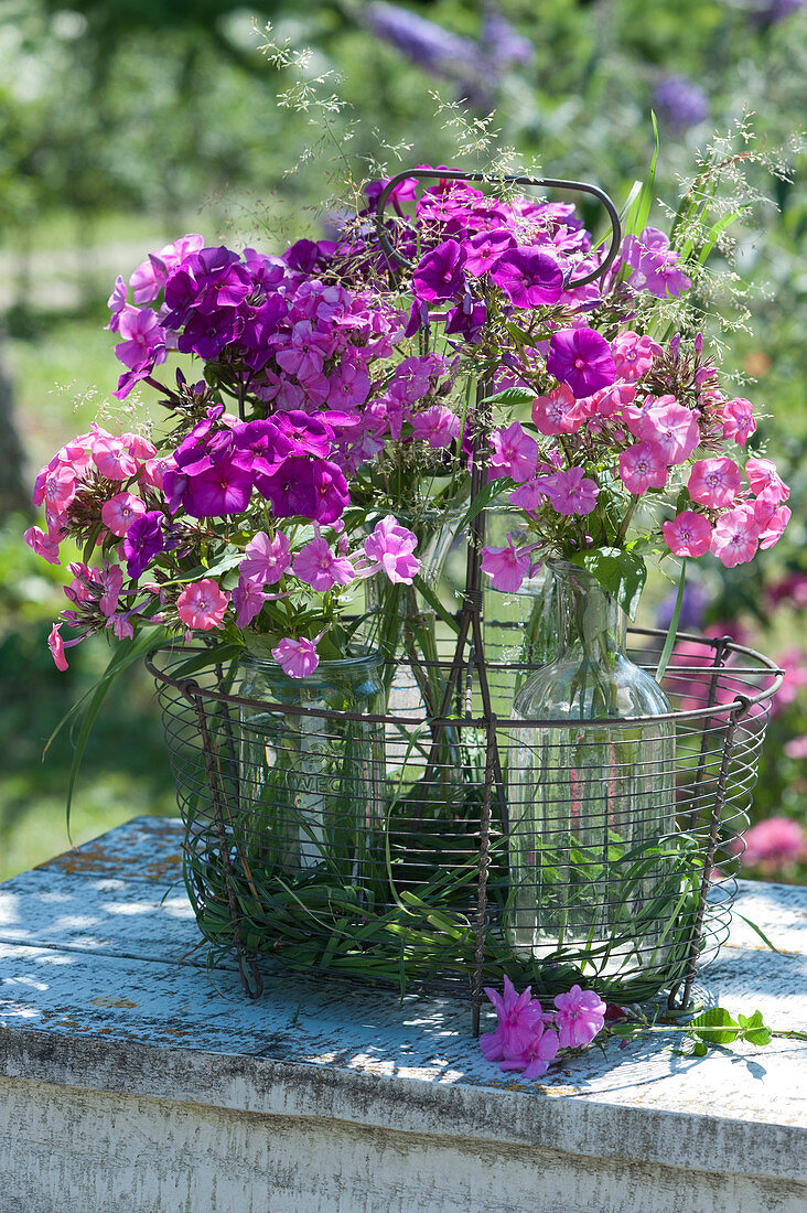 Bouquets with flowers of different varieties phlox arranged tone-on-tone with grass in a wire basket