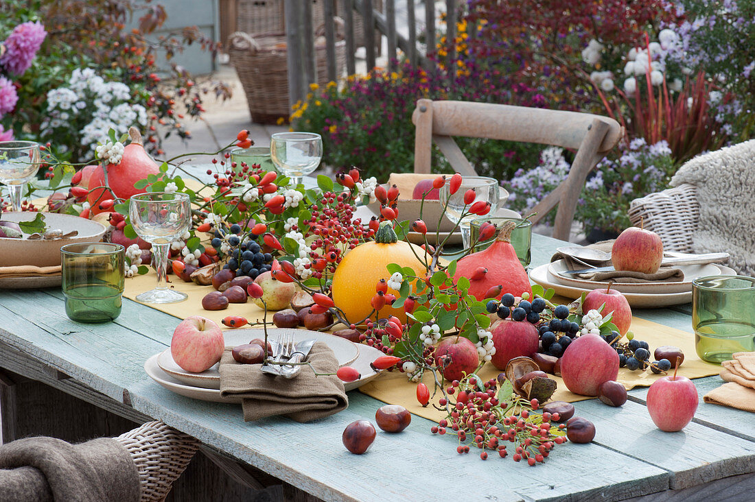 Autumn table decoration: rose hips, pumpkin, apples, chestnuts, snowberries, hazelnuts and grapes