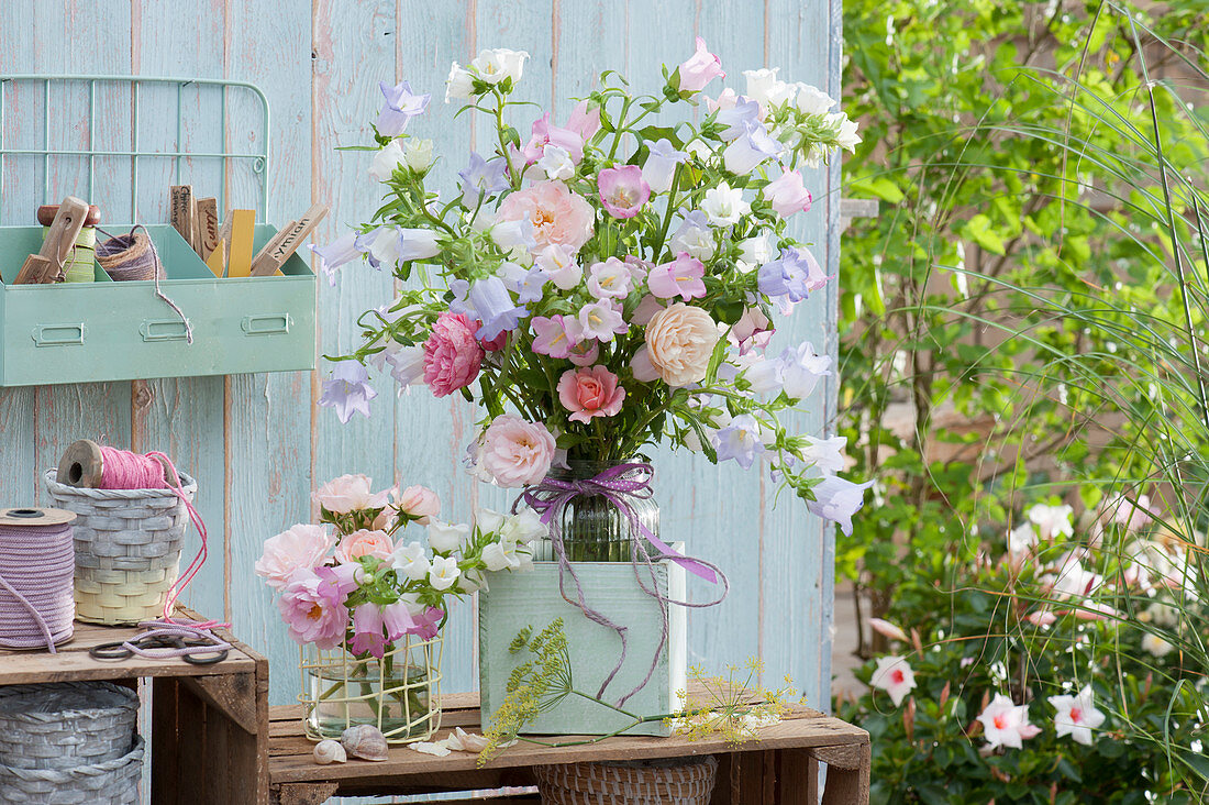 Pastel bouquet of roses and Mary's bellflower