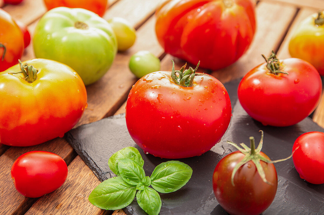 Frische Bio-Tomaten auf Holztisch