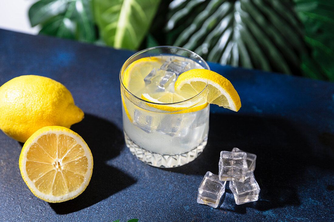 Cocktail mit Eiswürfeln und Zitronenscheiben