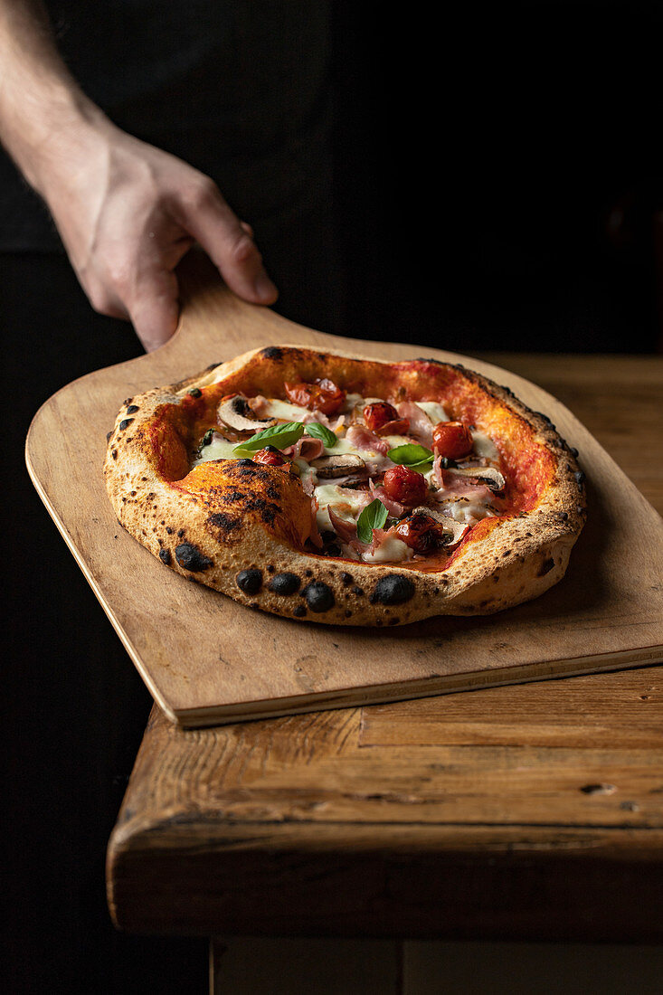 Pizza mit Käse und Gemüse auf Holzbrett