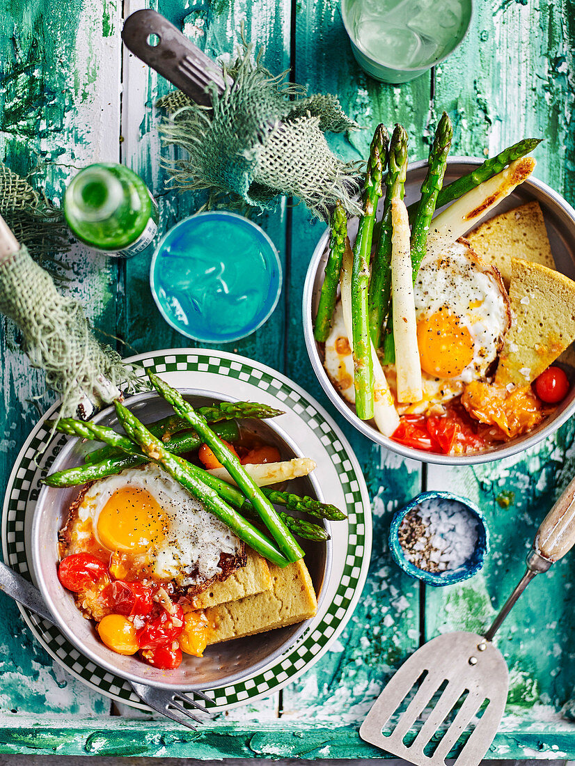 Chickpea Pancake with Fried Eggs and Cherry Tomatoes