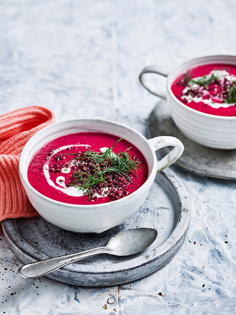Beetroot, Dill and Coconut Soup with Crisp Ginger Lentils