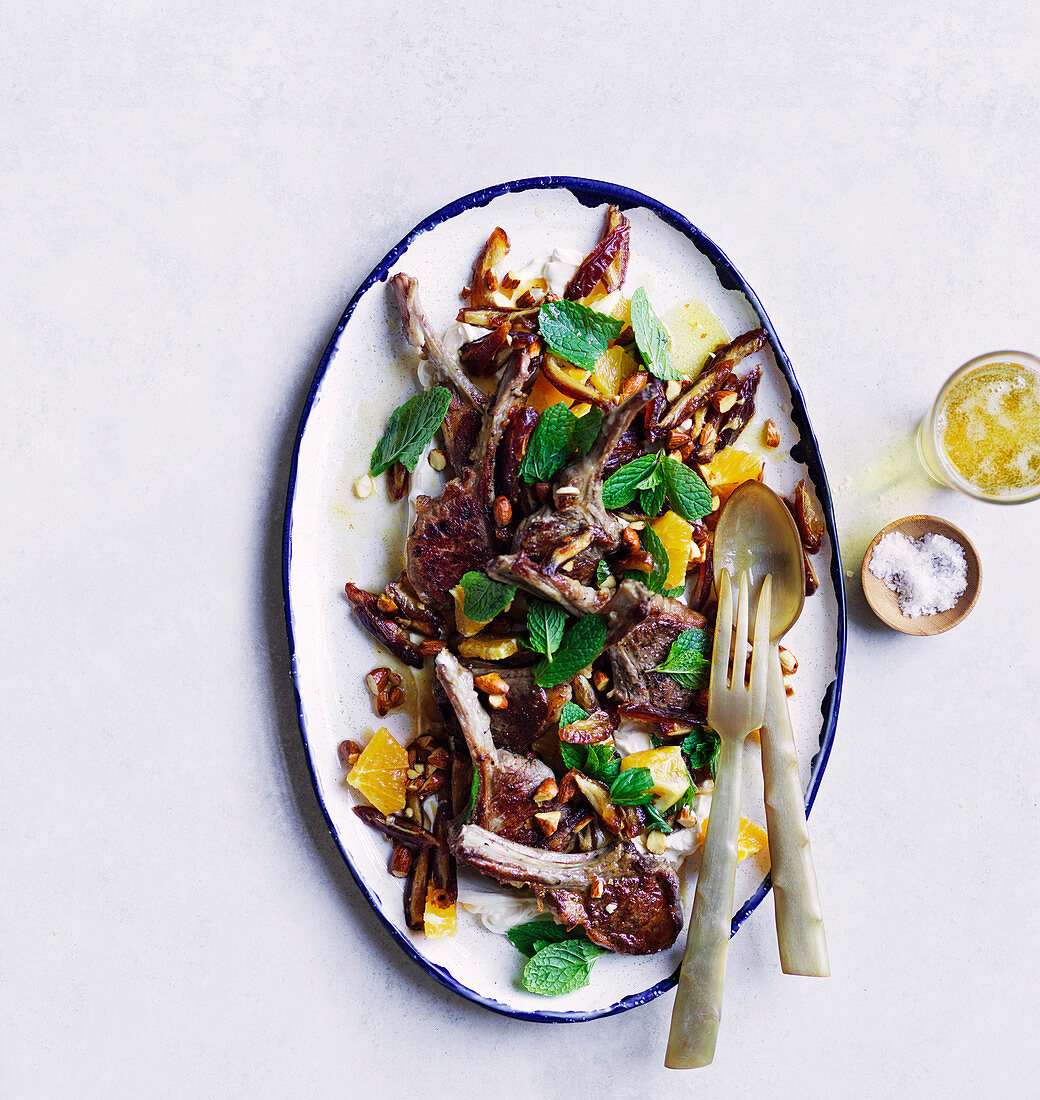 Lamb cutlets with date and almond salad