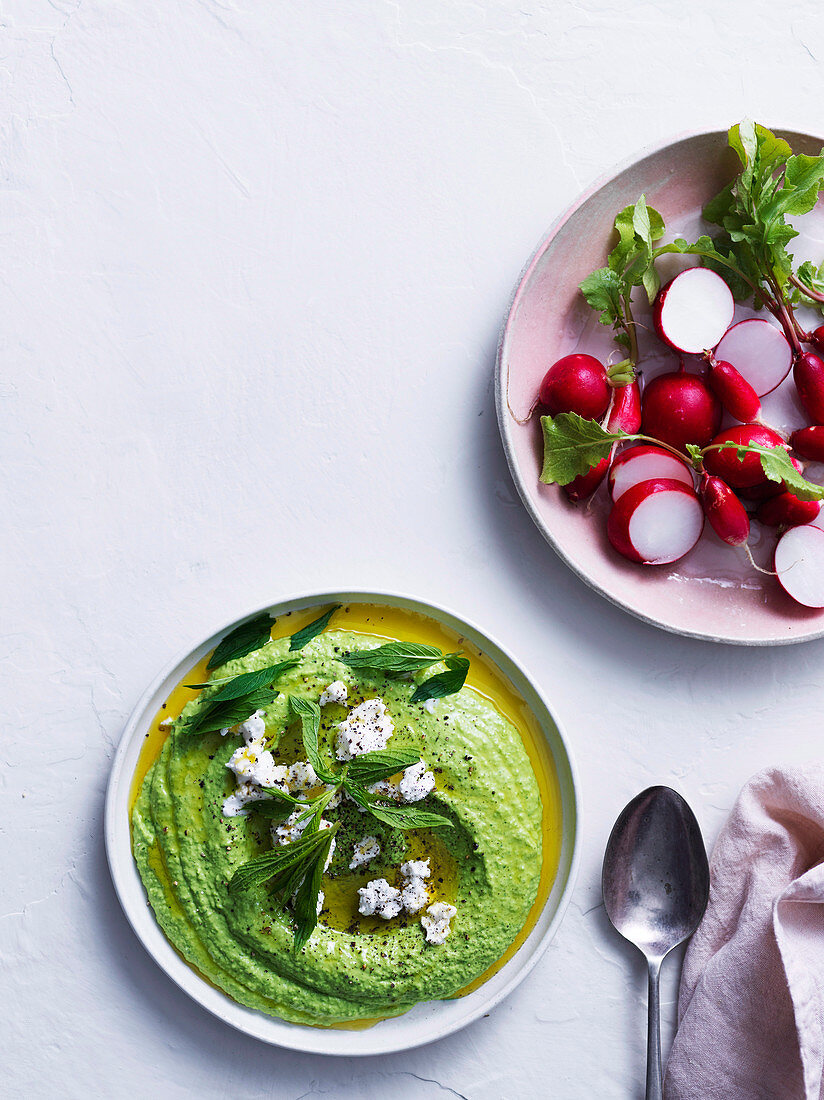 Pea and mint dip with labne and radishes