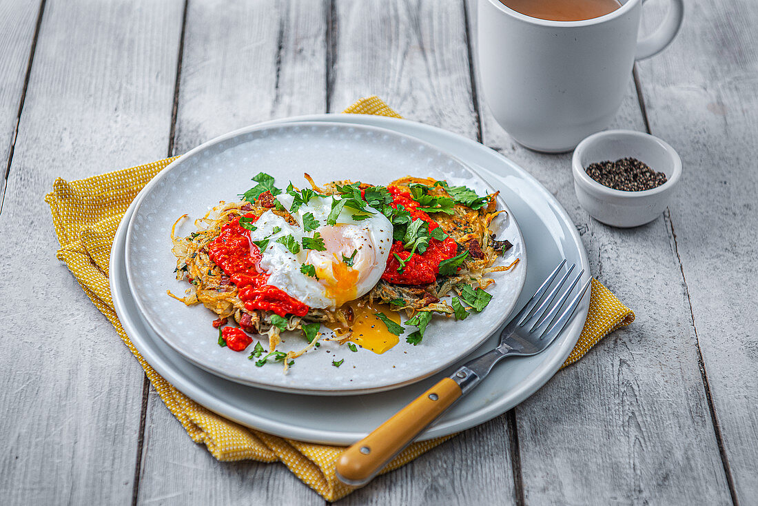 Potato rosti with chorizo, coriander, red pepper dip and poached egg